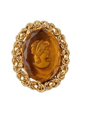 Vintage Gold Tone Amber Glass Carved Cameo Brooch